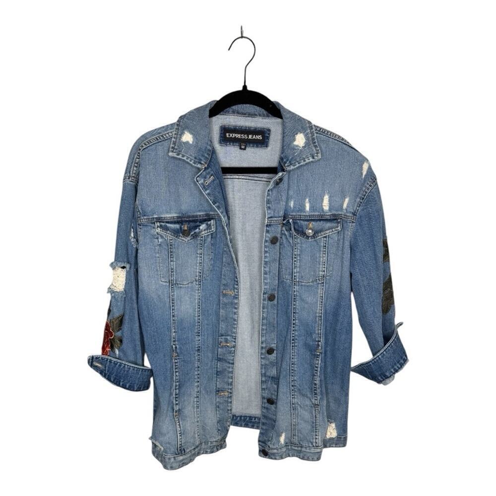 Express Distressed Bohemian Blue Denim Trucker Jacket - S/XS - Picture 7 of 11